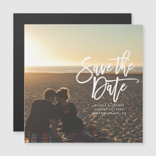 日付の草書きスクリプトを横向きに保存する マグネット招待状 (正面/裏面)