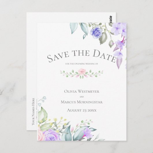 日付の薄紫と淡い色のピンクの花を保存 ポストカード (正面/裏面)