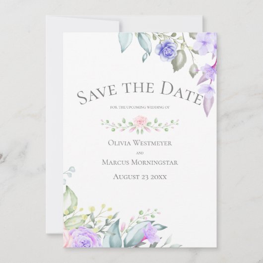 日付の薄紫と淡い色のピンクの花を保存 招待状 (正面)