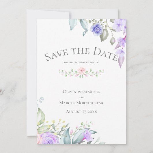 日付の薄紫と淡い色のピンクの花を保存 招待状 (正面)