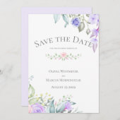 日付の薄紫と淡い色のピンクの花を保存 招待状 (正面/裏面)
