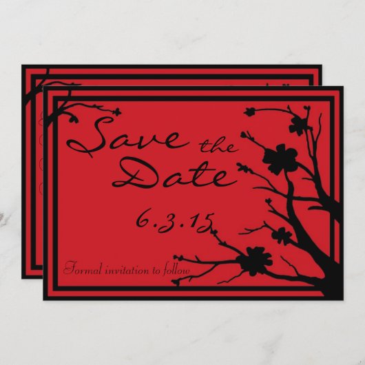 日付の赤い黒のカスタムウェディング招待状を保存 セーブザデート (正面/裏面)