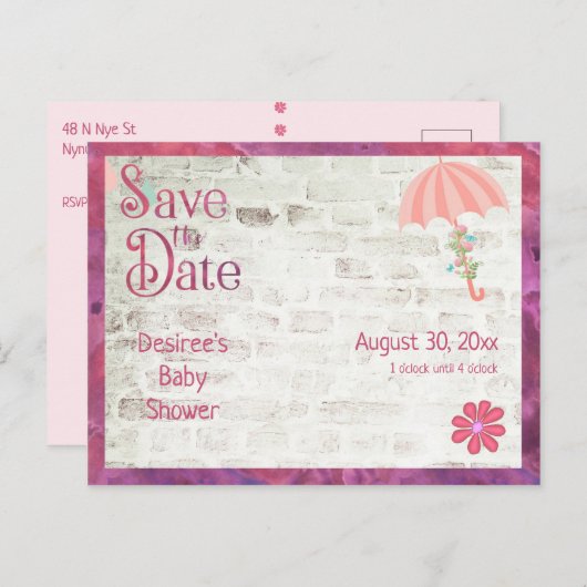 日付の赤ちゃんのシャワーを傘で保存 案内ポストカード (正面/裏面)