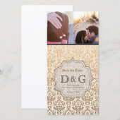 日付の金ゴールドのバニラダマスク織のFillagreeカードを救って下さい セーブザデート (正面/裏面)