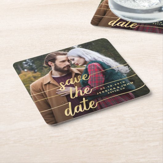 日付の金ゴールドの書道フェイクなホイルの写真を救って下さい スクエアペーパーコースター (アングル)