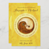 日付の金ゴールドのYinYangの鳩の結婚式の招待状を救って下さい セーブザデート (正面/裏面)