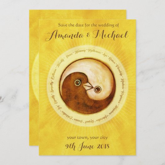 日付の金ゴールドのYinYangの鳩の結婚式の招待状を救って下さい セーブザデート (正面/裏面)