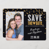 日付の金ゴールドグリッター紙吹雪はっきりしたを黒 セーブザデート (正面/裏面)