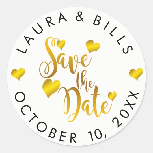 日付の金ゴールドラブグリッター結婚の ラウンドシール (正面)