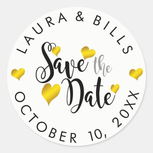 日付の金ゴールドラブグリッター結婚の ラウンドシール (正面)