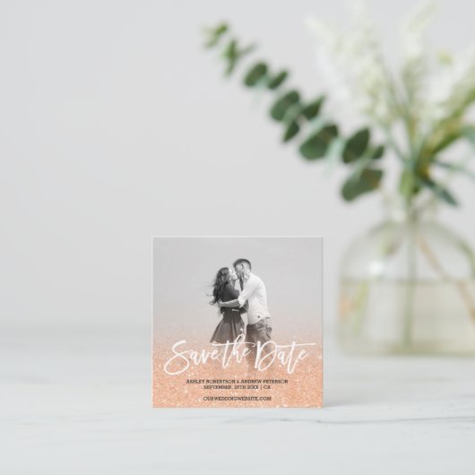 日付の銅の日焼けのフェイクなグリッターの写真を救って下さい スクエア名刺 (スタンド正面)