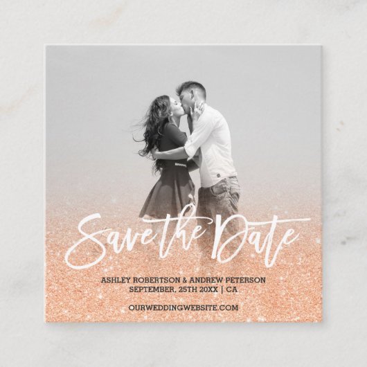 日付の銅の日焼けのフェイクなグリッターの写真を救って下さい スクエア名刺 (正面)