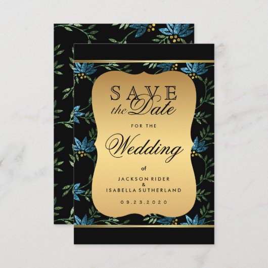 日付の青いビクトリアングリッターフローラの保存 セーブザデート (正面/裏面)