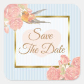 日付の青いヴィンテージの鳥のステッ結婚カーを保存 スクエアシール (正面)