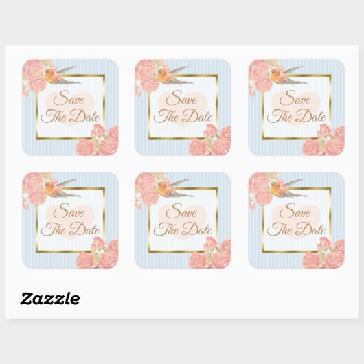 日付の青いヴィンテージの鳥のステッ結婚カーを保存 スクエアシール (シート)