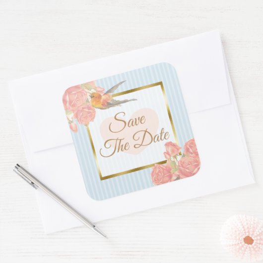 日付の青いヴィンテージの鳥のステッ結婚カーを保存 スクエアシール (封筒)