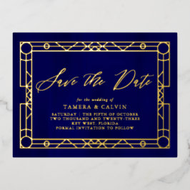日付の青い王室の金ゴールド装飾枠の保存 箔招待状ポストカード