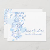 日付の青い白い鳥かごカードを保存 案内ポストカード (正面/裏面)