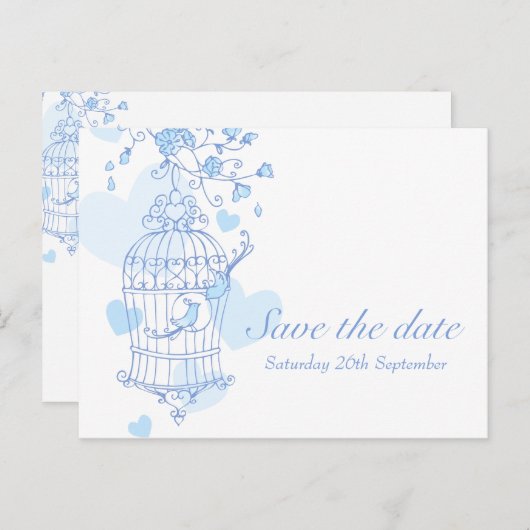 日付の青い白い鳥かごカードを保存 案内ポストカード (正面/裏面)