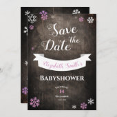日付の飾り気のない雪片ベビーシャワーを保存します 招待状 (正面/裏面)