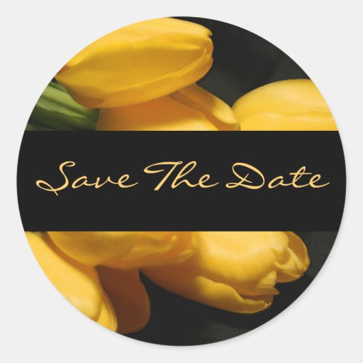 日付の黄色いチューリップのシ結婚ステッカーを保存 ラウンドシール (正面)