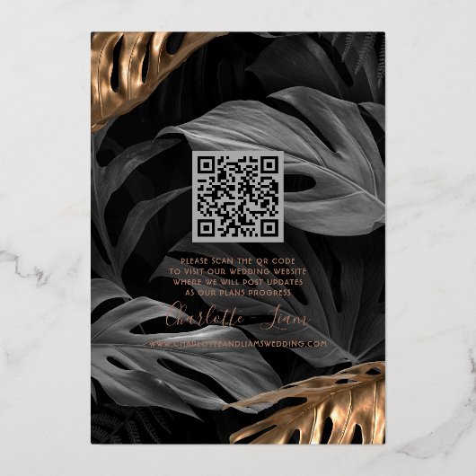 日付の黒いエレガント金ゴールド葉フローラの保存 箔招待状 (裏面)