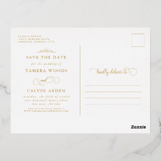 日付の黒い金ゴールド装飾枠の保存 箔招待状ポストカード (裏面)