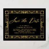 日付の黒い金ゴールド装飾枠の保存 箔招待状ポストカード (正面)