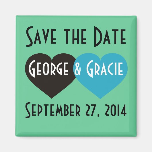 日付の黒とターコイズハートの保存 マグネット (正面)