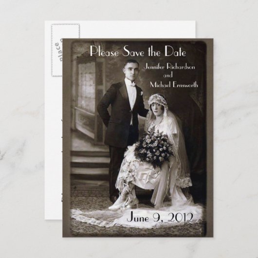 日付はがきを保存するヴィンテージ結婚式 案内ポストカード (正面/裏面)