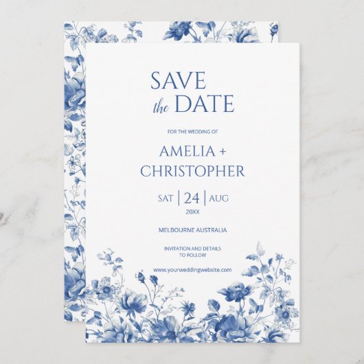 日付はがきを青い色調で花と共に保存する セーブザデート (正面/裏面)