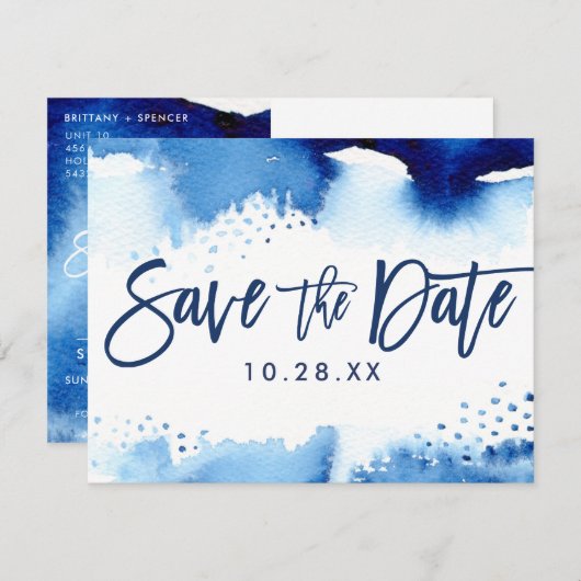 日付はがきネイビークールブルーの水色を保存 セーブザデート (正面/裏面)