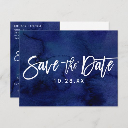 日付はがきネイビー色彩の鮮やかウォーターカラーの保存 セーブザデート (正面/裏面)