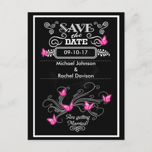 日付はがきピンク蝶ヴィンテージの保存 案内ポストカード (正面)