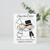 日付はがき可愛い漫画カップル&ハートを保存 案内ポストカード (スタンド正面)