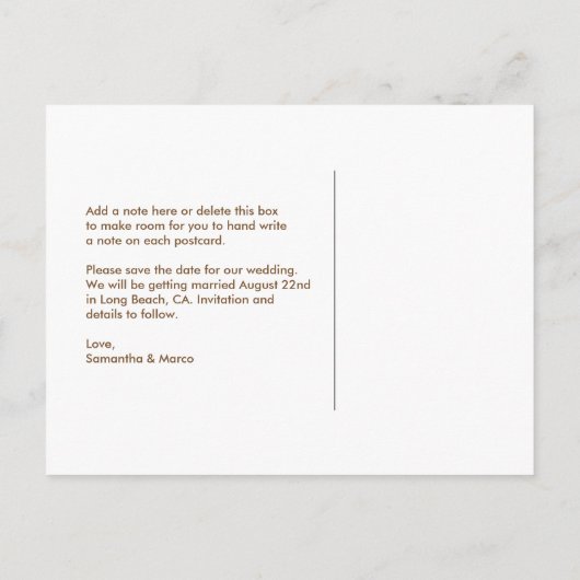 日付はがき、フォトカード、ビーチ結婚式の保存 案内ポストカード (裏面)
