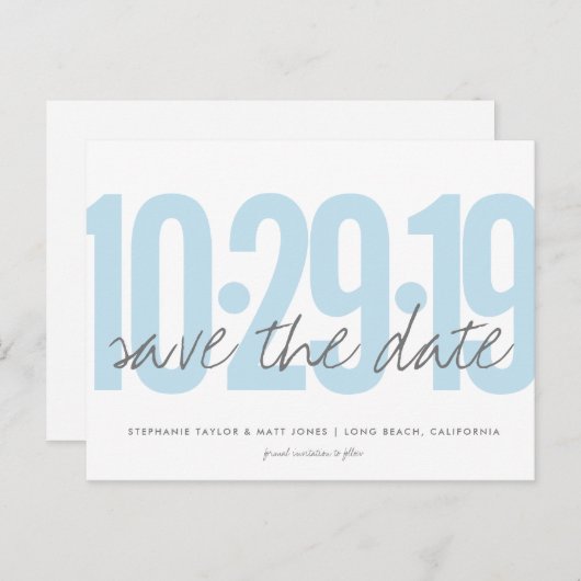 日付はがき、大きな日付、パウダーブルーを保存 案内ポストカード (正面/裏面)