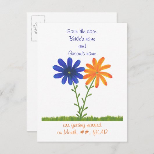 日付はがき、青いオレンジ色の花を保存 案内ポストカード (正面/裏面)