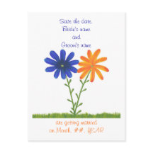 日付はがき、青いオレンジ色の花を保存