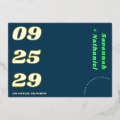 日付はっきりしたティール（緑がかった色）ライムグリーン実在レトロホイル結婚ズ 箔招待状 (正面)