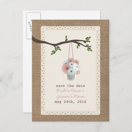 日付をインスパイア保存するデイジーのBurlap缶 案内ポストカード (正面/裏面)