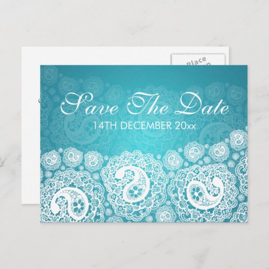 日付をエレガントペイズリーレース青で保存 案内ポストカード (正面/裏面)