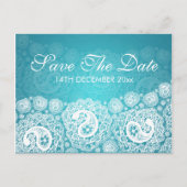 日付をエレガントペイズリーレース青で保存 案内ポストカード (正面)