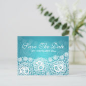 日付をエレガントペイズリーレース青で保存 案内ポストカード (スタンド正面)
