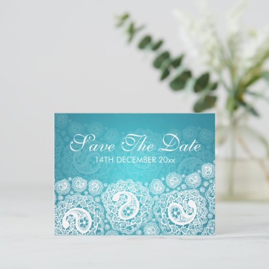 日付をエレガントペイズリーレース青で保存 案内ポストカード (スタンド正面)