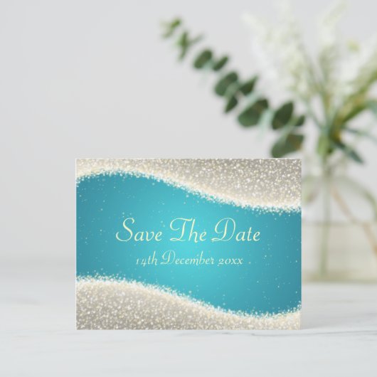日付をエレガント保存Dazlingキラキラターコイズ 案内ポストカード (スタンド正面)