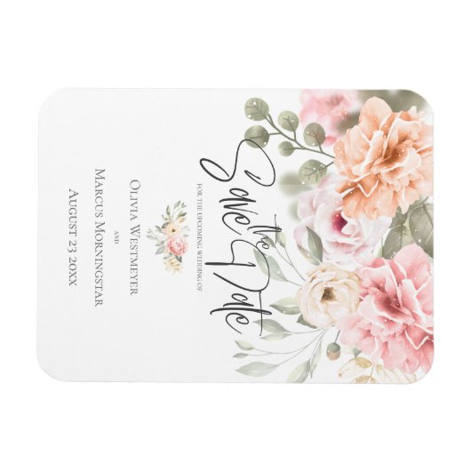 日付をピンクの淡い色のコテージ牡丹に保存 マグネット (横)