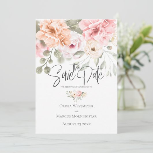 日付をピンクの淡い色のコテージ牡丹に保存 招待状 (スタンド正面)