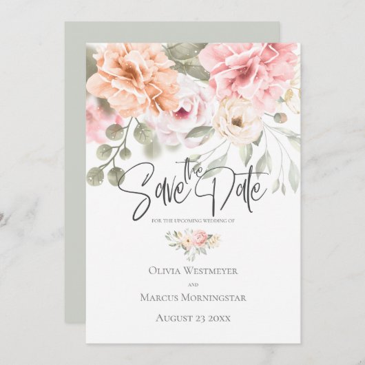 日付をピンクの淡い色のコテージ牡丹に保存 招待状 (正面/裏面)