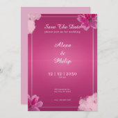 日付をピンク結婚色にエレガント保存モダン 招待状 (正面/裏面)